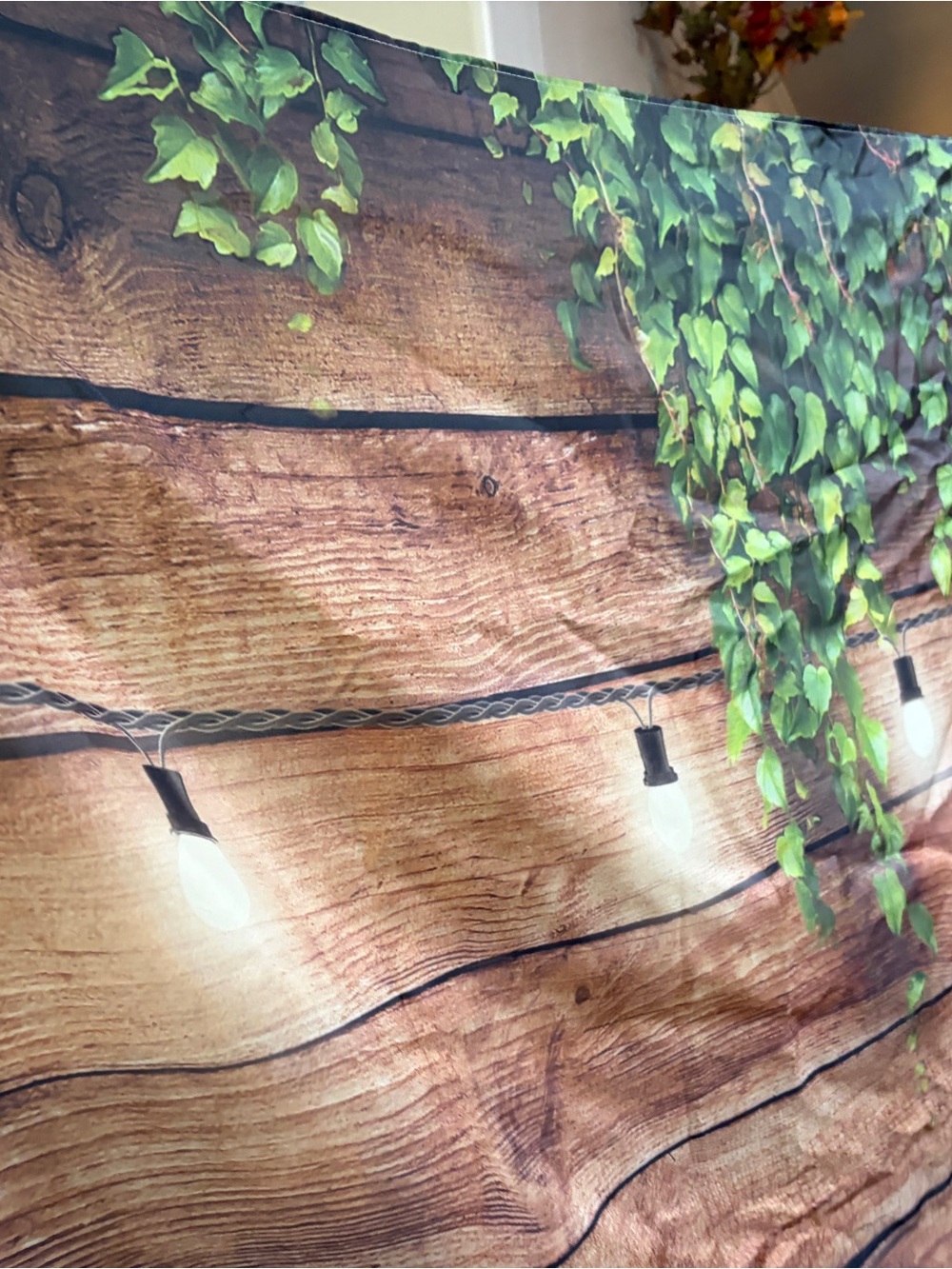 Rustic Wood Plank photo backdrop with Green Ivy and String Lights